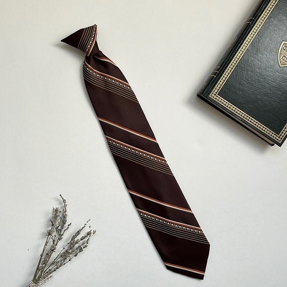Vintage Accessories - Vintage 70s Sears Clip-On Tie Brown Tan & Orange Stripe Necktie